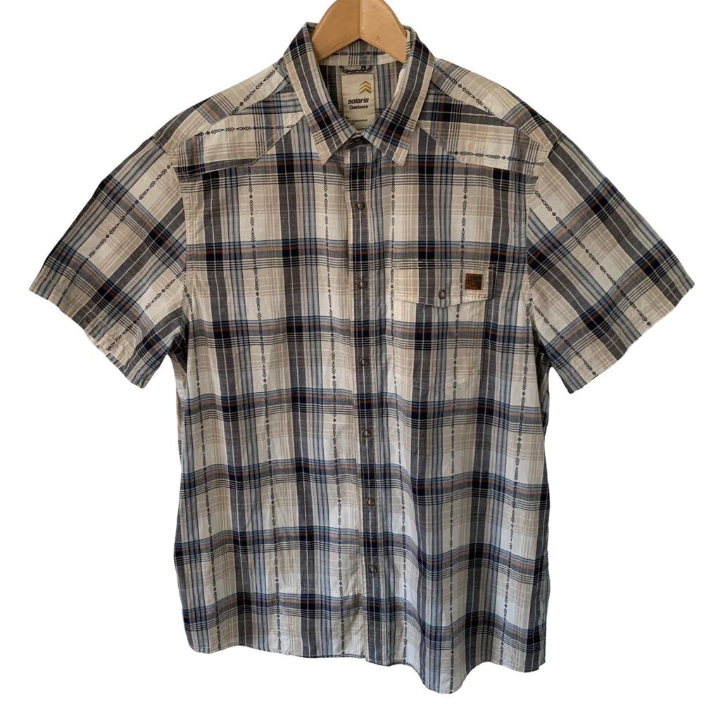 Solaris Shirt Outdoors Mens Large Snap Front Blue Plaid Short Sleeve Pocket